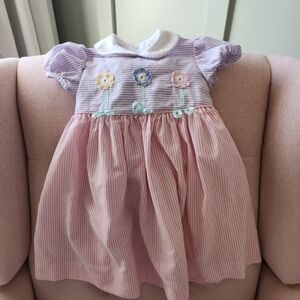 Luli & Me 3t Pink & Lavender Striped Baby Dress with Floral Applique Smocked